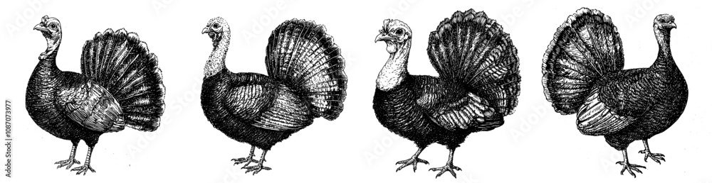 Obraz premium Animated black and white silhouette of a farm fowl silhouetted in black and white with a santa suit and hat. Vintage engraving isolated turkey set dressed for Christmas illustration.