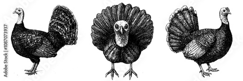 An isolated ink sketch illustration of a turkey set. Farm fowl background with silhouette art. This is a black and white handpainted image of a turkey set. photo