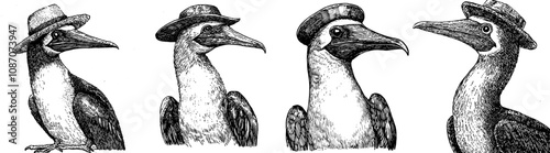 Isolated black and white illustration rendered in ink of a blue footed booby dressed in Santa's costume sketch. Gannet background with bird silhouette along with new year's hat. Hand-drawn image of a