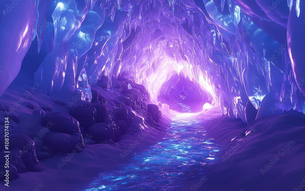 Crystal Ice Cave: A mesmerizing ice cave with reflective walls, shimmering icicles, and a glowing path leading deeper inside.