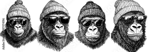 Vintage engraving isolated gorilla set glasses dressed fashion illustration ape sketch in black and white. Primate silhouette sunglasses hipster hat art.