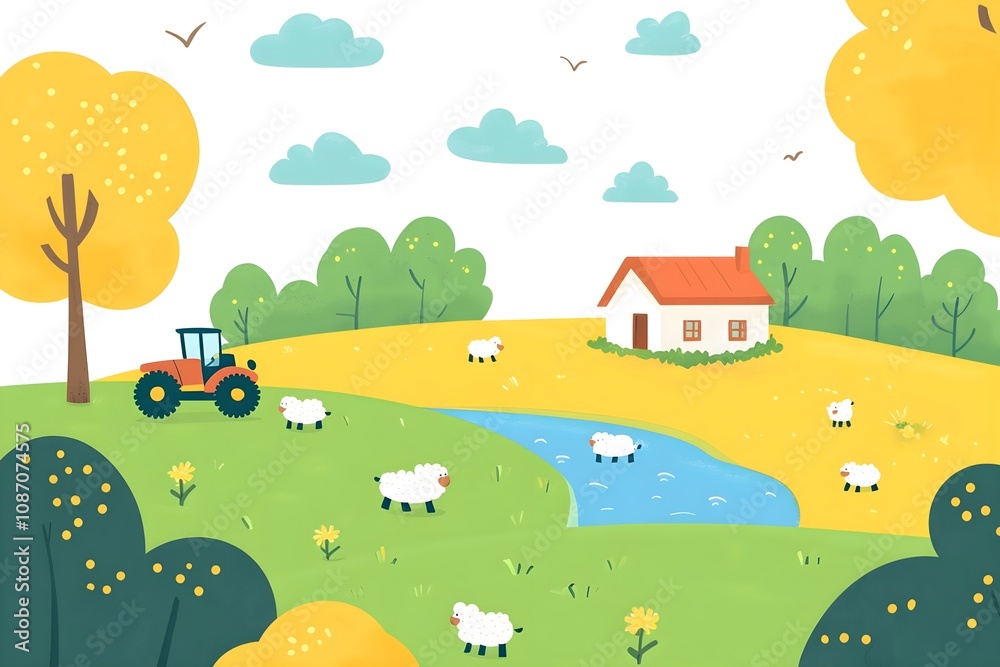 Beautiful landscape vector illustration of mountains, forests, fields and meadows. Stunning panoramic farm landscape with mountains in the background. Natural landscape Beautiful landscape vector illustration of mountains, forests, fields and meadows. Stunning panoramic farm landscape with mountains in the background. Natural landscape