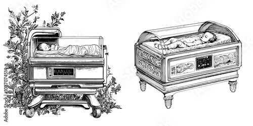 The neonatal incubator diagram for the early premature birth of a baby child. Medical science illustration for education.