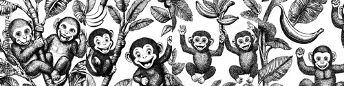 This seamless monkey pattern features a childish monkey character on a jungle background, wild animals on a rainforest background, and a cartoon character on a modern background.