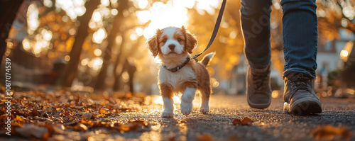 hyperrealistic puppy walking obediently on leash during autumn. warm sunlight filters through trees, creating serene atmosphere with fallen leaves on ground
