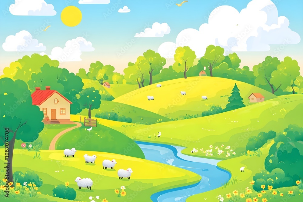 Fototapeta premium Beautiful landscape vector illustration of mountains, forests, fields and meadows. Stunning panoramic farm landscape with mountains in the background. Natural landscape