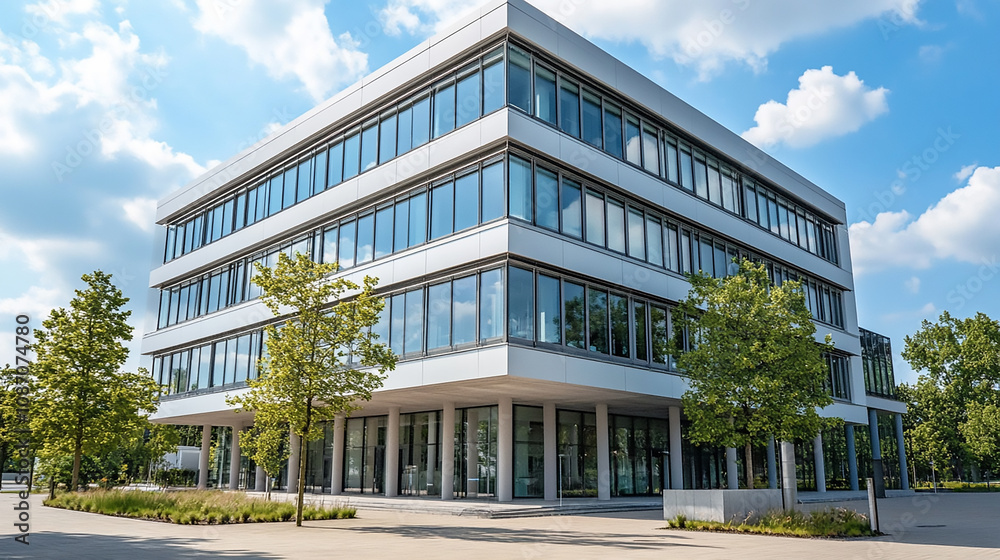Modern industrial warehouse distribution building and parking lot under beautiful cloudy sky.Modern Brick Office Building with Large Windows and American Flag Modern Office Building with Glass Facad

