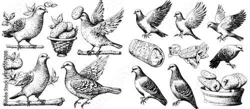 Wallpaper Mural The funny pigeon set. Emotional dove in different poses. Cartoon pigeons fly, eat, and sleep now a days. Torontodigital.ca