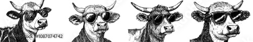 An illustration of a cow wearing sunglasses. It is hand drawn in ink with an engraving style.