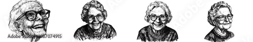 An ink sketch of a smiling granny with engraved style. Ideal for a logo design.