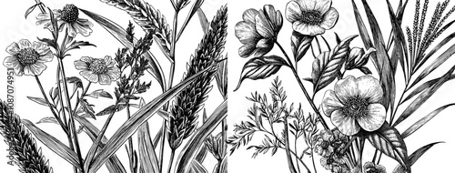 A seamless pattern of field flowers and grasses. Illustration in the modern style.