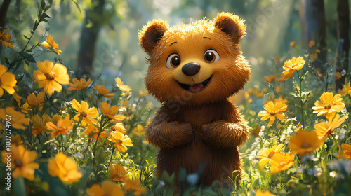 smiling bear, 2d vector art style,cartoon stylized, vibrant colors, 