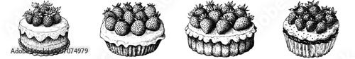 Drawing of a strawberry cake with an engraved style. Hand drawn ink sketch.