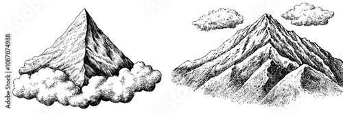 Illustration of a mountain drawn in ink. A modern engraving style illustration.
