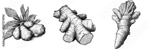 Drawing of ginger root. Healthful food. Hand drawn modern illustration.