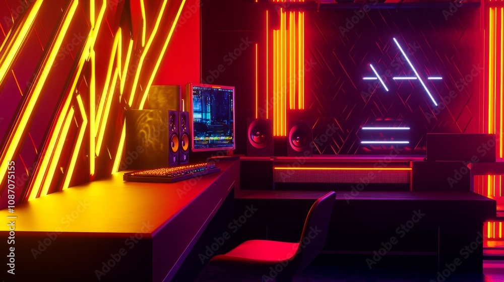 A gaming station with a powerful PC, compact speakers, and dynamic red and yellow neon lights illuminating the room A gaming station with a powerful PC, compact speakers, and dynamic red and yellow neon lights illuminating the room