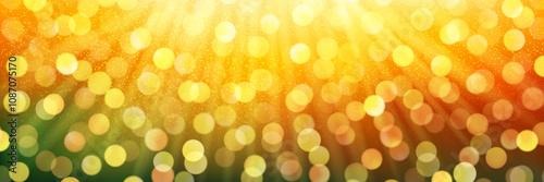 Rays of light on colorful autumn bg with glowing overlay effects and bokeh. Yellow, orange and green gradient seasonal blurred festive background