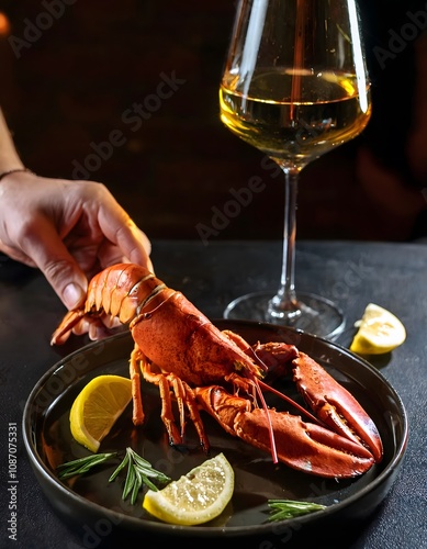 Grilled lobster and shrimp served on a dark plate with a side of lemon slices, and a hand holding a glass of wine photo