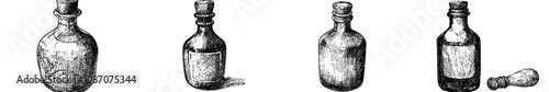 An engraving of a modern sketch on a vintage glass milk bottle with a woodcut.