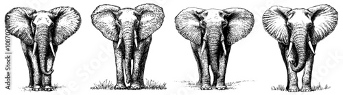Illustration of a vintage engraving isolated elephant set dressed in santa's costume sketch. African bishop background animal silhouette new year hat art. Black and white illustration of a modern