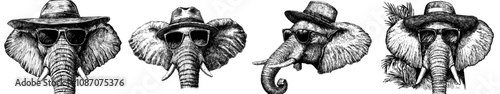 Vintage engraving isolated elephant glasses dressed fashion set illustration ink sketch. African bishop background animal silhouette sunglasses hipster hat art. Black and white hand drawn modern