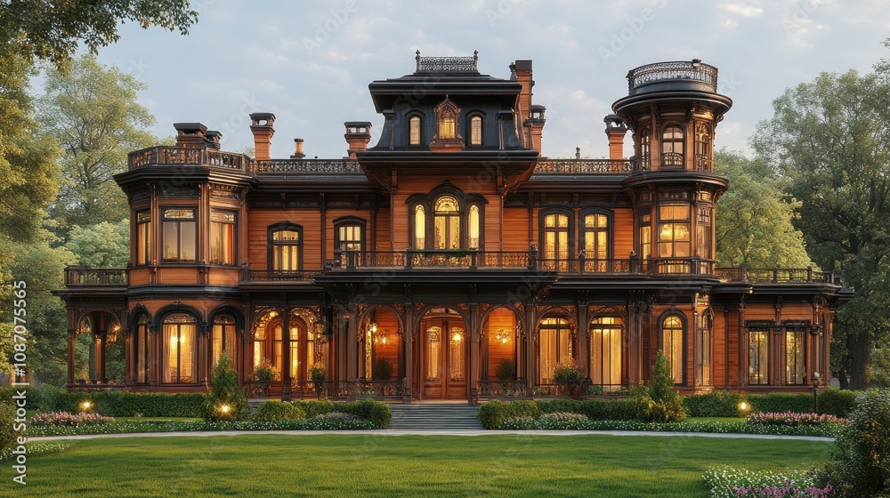 Obraz premium Elegant mansion with intricate architecture and lush surroundings.
