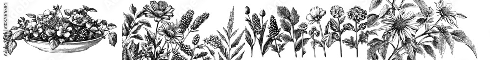 Fototapeta Naive doodle flower. Modern sketch illustration. Set of hand-drawn botanical icons. Captivating wildflowers and plants in charcoal crayon drawing style.
