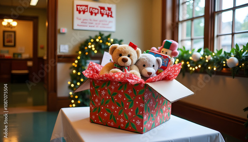 Teddy bears and toys in a cheerful gift box ready for holidays in a decorated indoor space