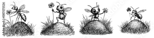 Cartoon ant on ant hill with green leaves. Forest or garden character, modern and contemporary.