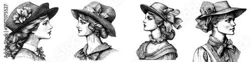 The image depicts an old-fashioned lady in a hat sketch engraving generative AI character. The image is black and white.