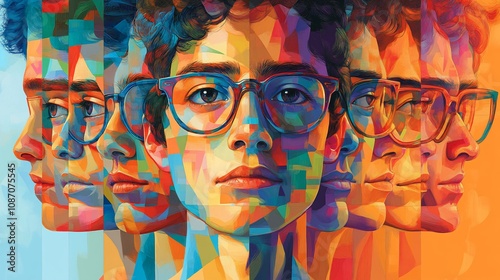 A young man with glasses, his face a mosaic of colorful geometric shapes, creates a sense of multiplicity and individuality. photo