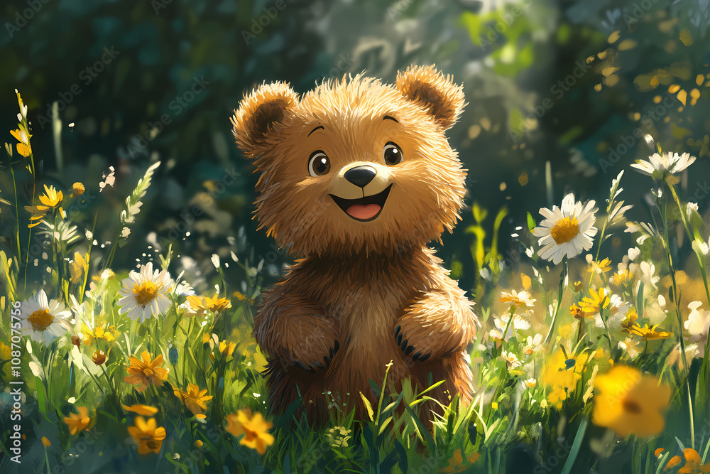 smiling bear, 2d vector art style,cartoon stylized, vibrant colors, 