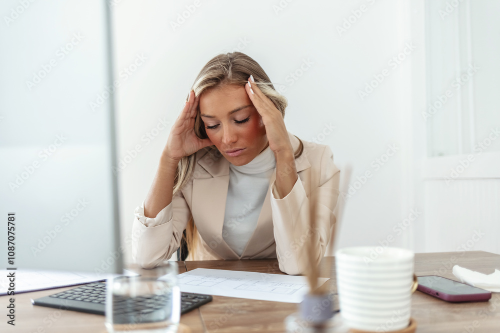 Female financial expert sitting with head in hands at desk. Tired businesswoman is staring at computer monitor in office. She is having headache. Tired businesswoman with head in hands at desk. Female financial expert sitting with head in hands at desk. Tired businesswoman is staring at computer monitor in office. She is having headache. Tired businesswoman with head in hands at desk.