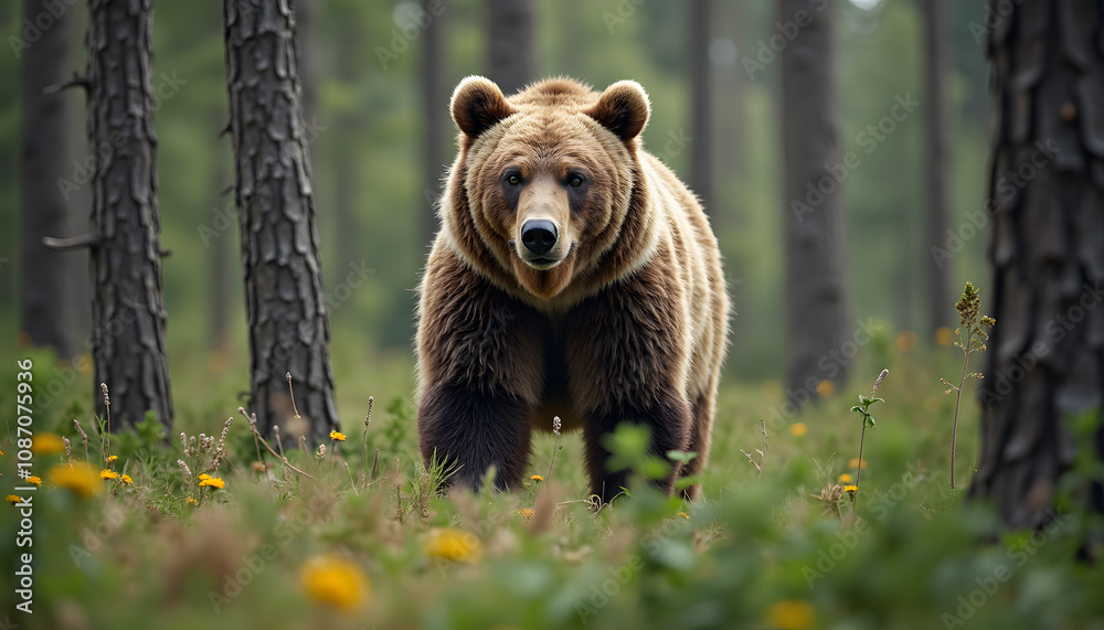 Fototapeta premium Bear in a curious mood walking through a green forest with wildflowers