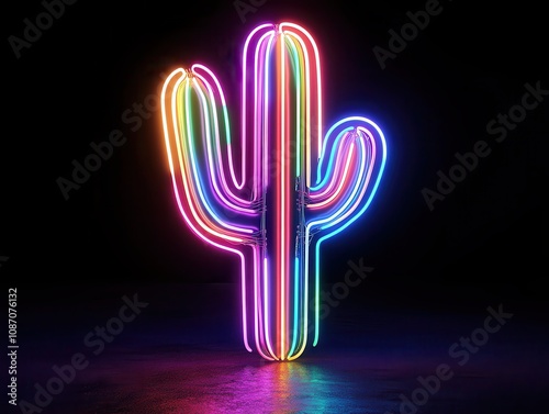 Vibrant Neon Cactus Sign in Dark Background Creating a Lively Atmosphere for Modern Decor, Art, and Entertainment Spaces with Colorful Glow Effects