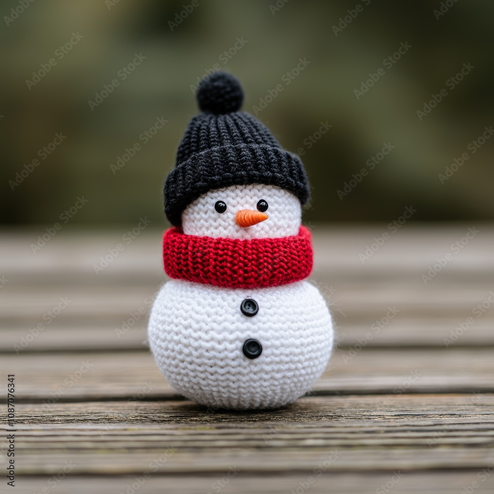 Obraz premium Adorable knitted snowman with hat and scarf.