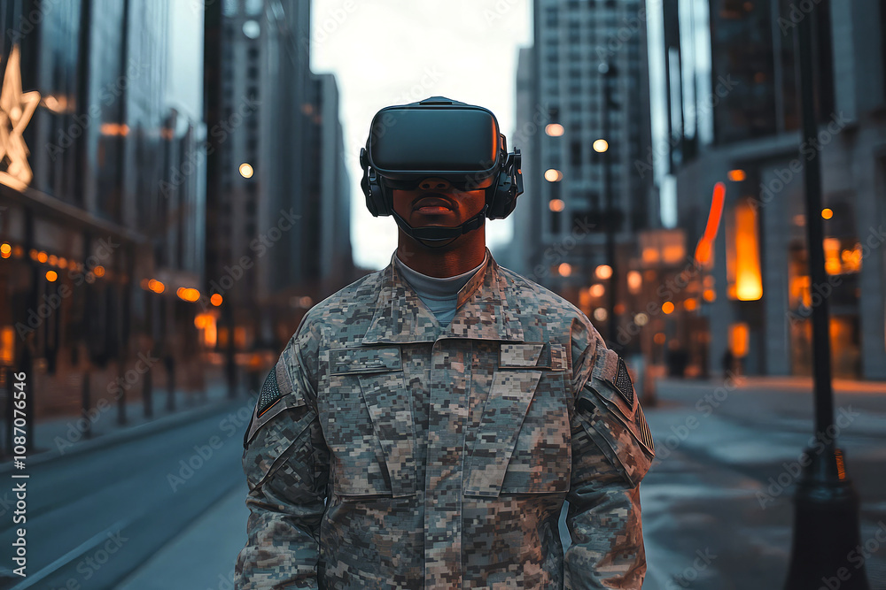 Military soldier drone operator wearing virtual reality headset standing in a city concept illustration. Military soldier drone operator wearing virtual reality headset standing in a city concept illustration.