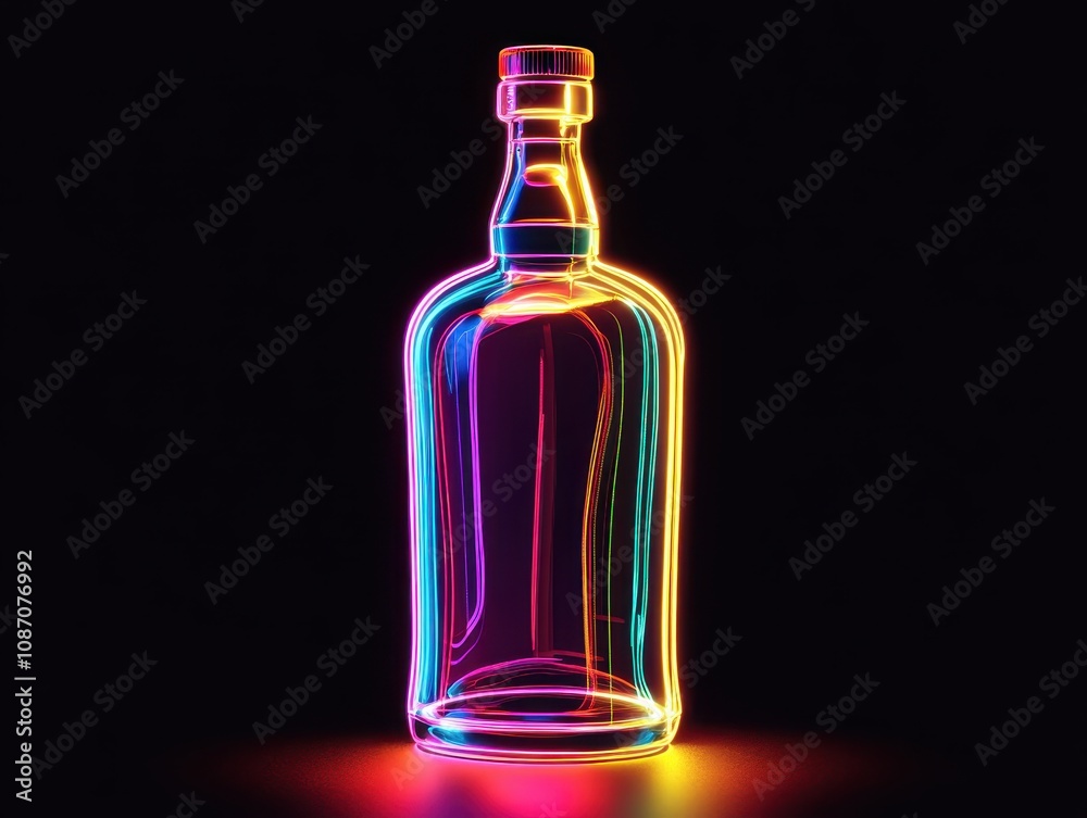 Colorful Neon Outline of a Bottle Against a Dark Background, Ideal for Abstract Design Projects and Creative Concepts in Stock Photography Colorful Neon Outline of a Bottle Against a Dark Background, Ideal for Abstract Design Projects and Creative Concepts in Stock Photography