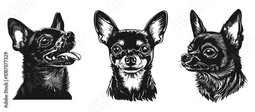 Chihuahua black silhouette portrait set. Front and side view. With closed opened mouth and tongue out. Cute little home dog breed pet animal. Simple black and white linocut vector style isolated on