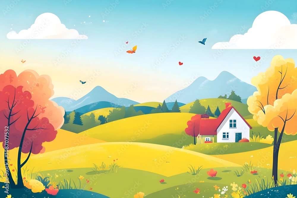 Fototapeta premium Beautiful landscape vector illustration of mountains, forests, fields and meadows. Stunning panoramic farm landscape with mountains in the background. Natural landscape