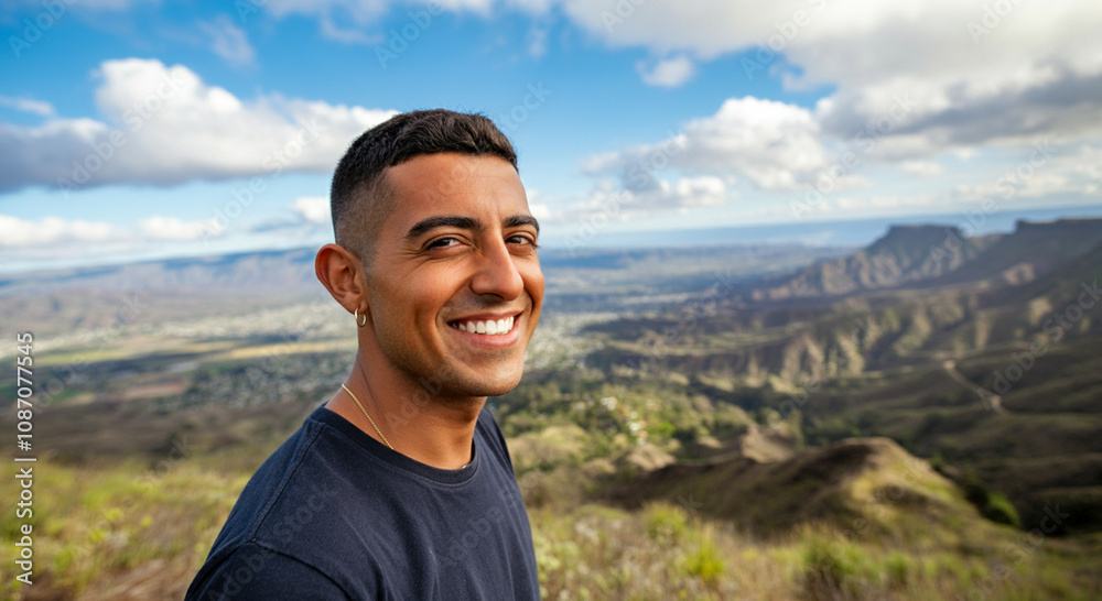 A smiling man wearing a small hoop earring for lifestyle and having short hair A smiling man wearing a small hoop earring for lifestyle and having short hair