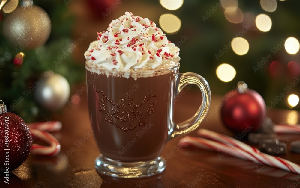 Festive Hot Chocolate: A close-up of a steaming mug of hot chocolate topped with whipped cream and candy canes, surrounded by Christmas decor. Festive Hot Chocolate: A close-up of a steaming mug of hot chocolate topped with whipped cream and candy canes, surrounded by Christmas decor.
