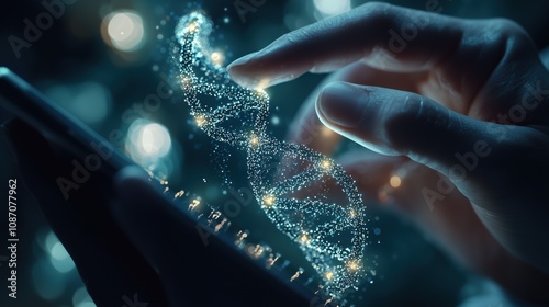 Doctor Scientist Examining Digital DNA Strand with Futuristic Technology Interface. healthcare technology concept photo