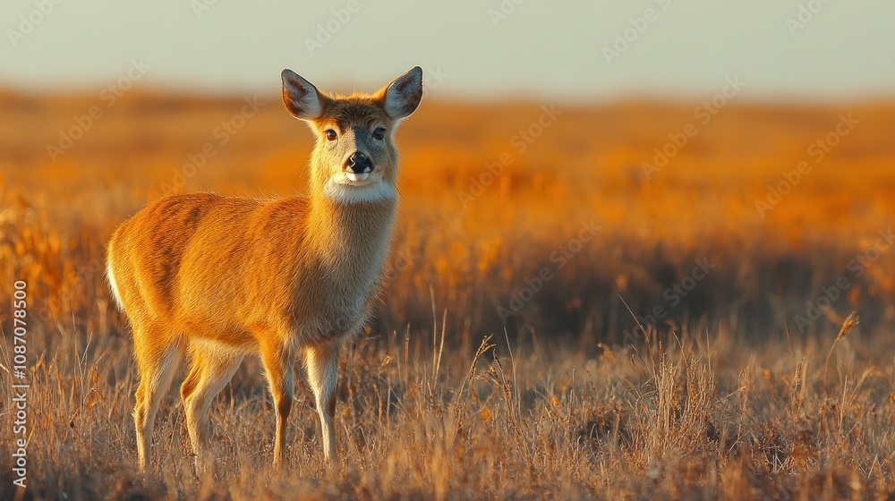 Obraz premium A deer stands gracefully in a golden grassy landscape at sunset.