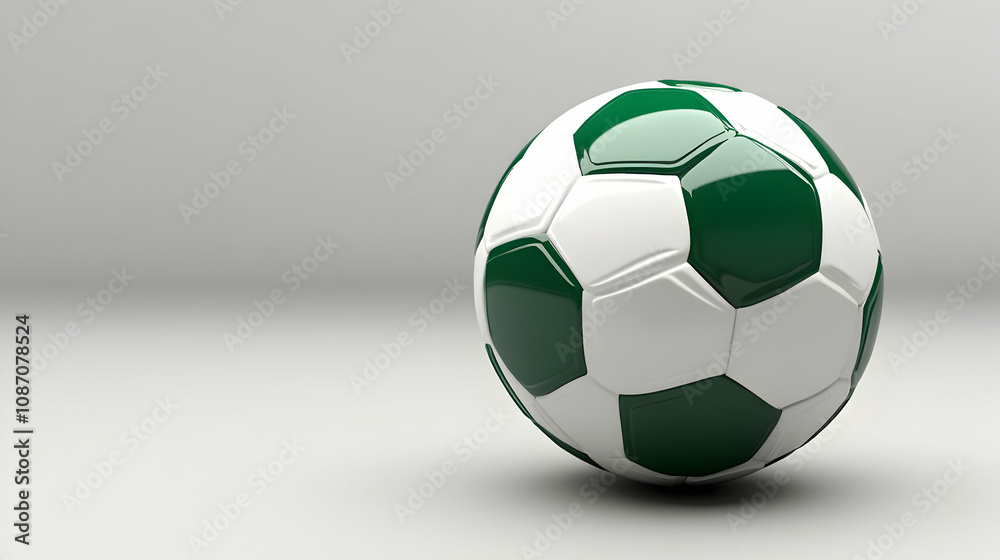 3D Render of a Green and White Soccer Ball with a Glossy Finish on a Light Gray Background 3D Render of a Green and White Soccer Ball with a Glossy Finish on a Light Gray Background