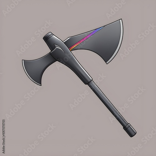 modern double-edged axe design featuring sleek metallic surfaces and a subtle rainbow accent, perfect for fantasy themes, gaming concepts, or decorative weapon illustrations photo