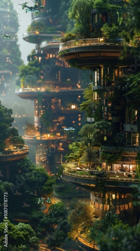 A futuristic city with lush vegetation and buildings that blend seamlessly with the environment.