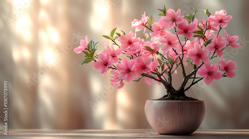 Minimalist style: peach blossom bonsai in a flower pot on a table, with soft natural lighting 