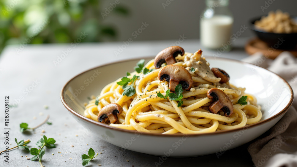 A plate of homemade Mafaldine pasta with mushrooms and fresh parsley garnish. A plate of homemade Mafaldine pasta with mushrooms and fresh parsley garnish.