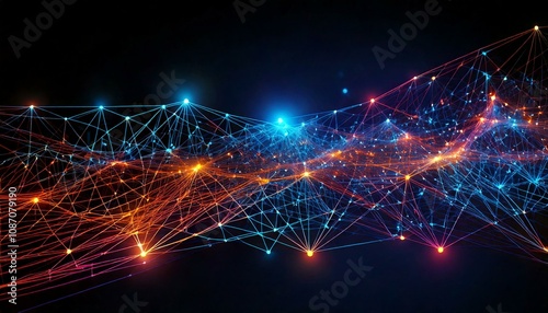 Arrière-plan style réseau digital avec lignes et points lumineux sur fond sombre pour un effet high-tech